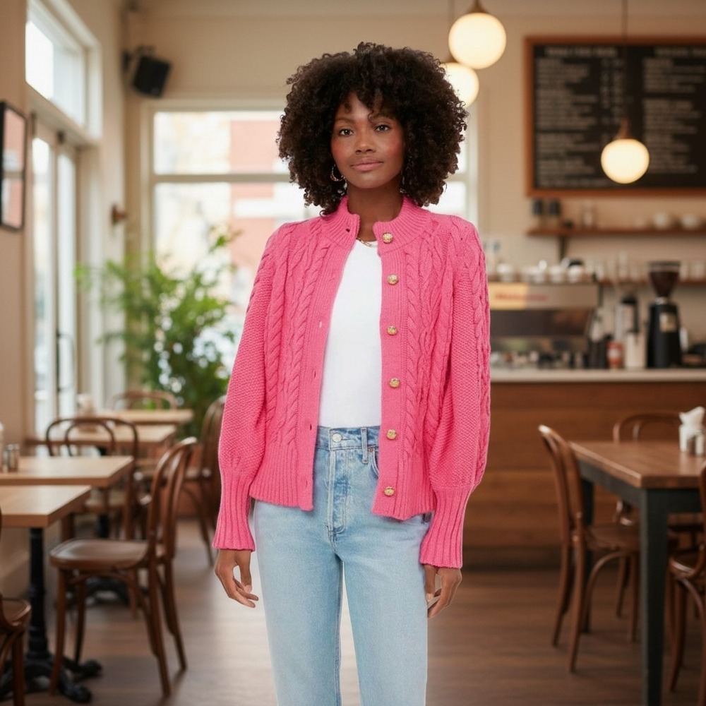 Tuckernuck Pink Cotton Colette Cardigan Gold Crest Button Cable Knit Sweater‎ 2X
